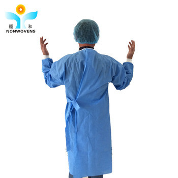 SMS Nonwoven Fabric Disposable Hospital Gowns With Collar-Tie Sleeve Elastic Cuff